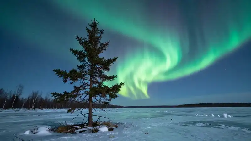Evergreen tree stands in glowing, icy tundra beneath the aurora