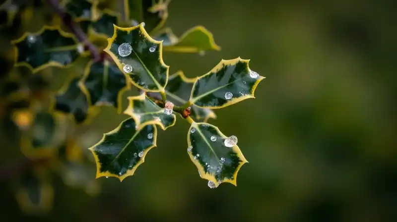 Crystalline nodes float among lush holly bathed in dramatic golden light