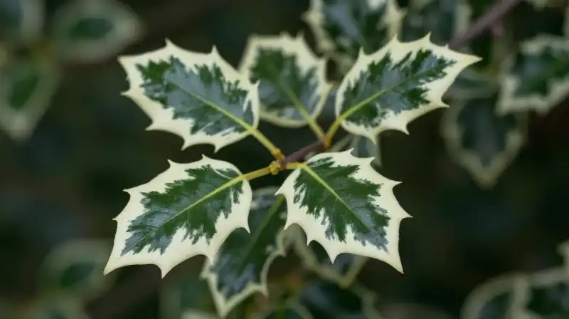 Variegated green and white leaves glow softly in dappled forest light