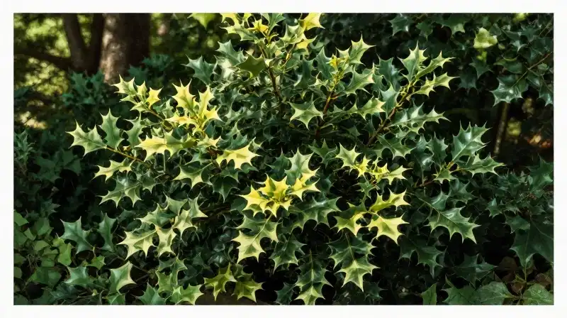 Vibrant holly shrub foliage bathed in dramatic dappled woodland light