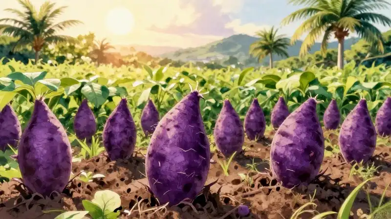 Vibrant purple sweet potatoes thrive in a lush, golden tropical field