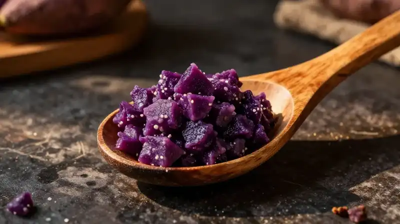 Vibrant purple sweet potato dish under dramatic golden hour light
