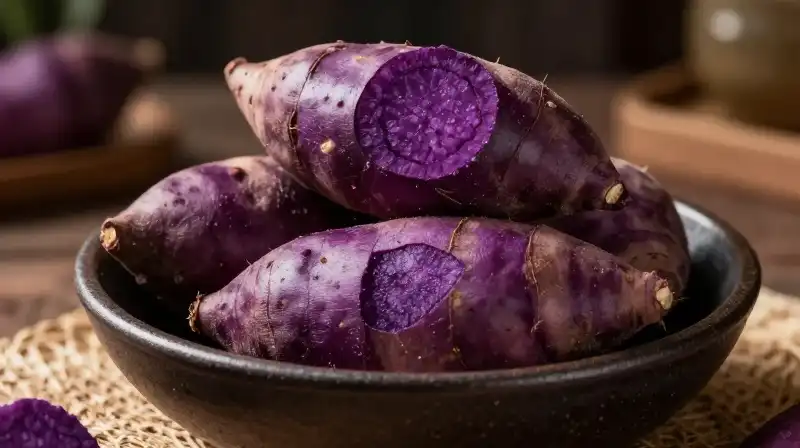 Vibrant purple sweet potato slices rest in a dark bowl