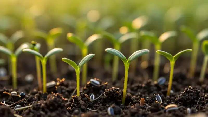 A vibrant seedling glows in golden light on rich, dark earth