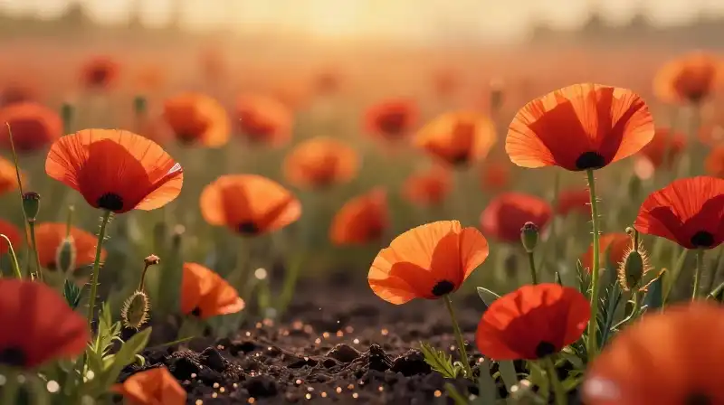 Vibrant red and orange poppy field bathed in soft golden sunlight