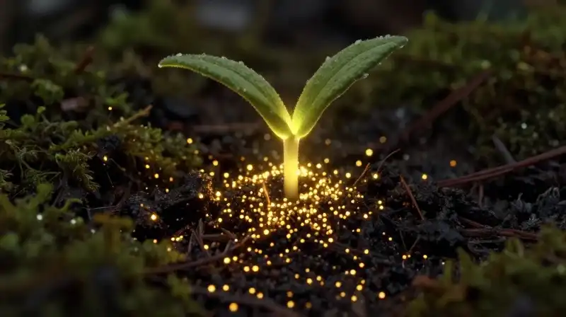 Glowing seeds nurture a tiny, radiant golden sprout in dark moss