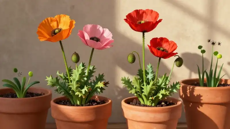 Vibrant poppies and sprouts blossom in warm, sunlit terracotta pots
