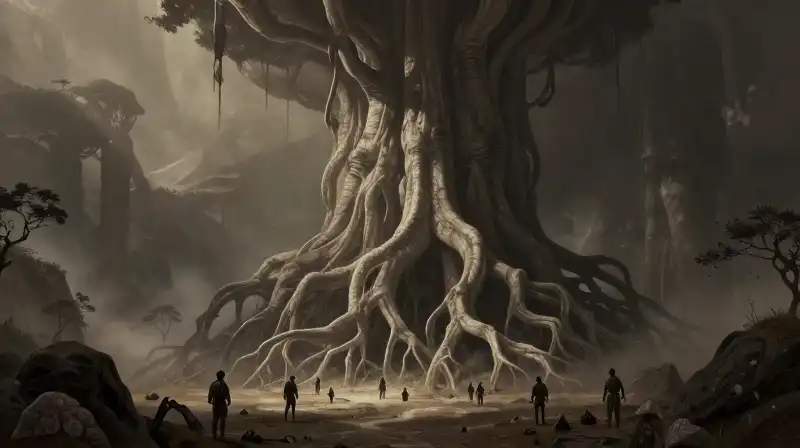 A giant gnarled root structure dominates a misty, desolate valley with tiny figures below