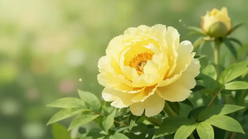 A whimsical yellow peony blossoms amidst lush green foliage