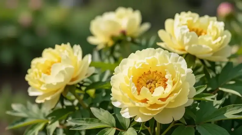 Lush golden yellow peonies fill a bright, sunlit garden
