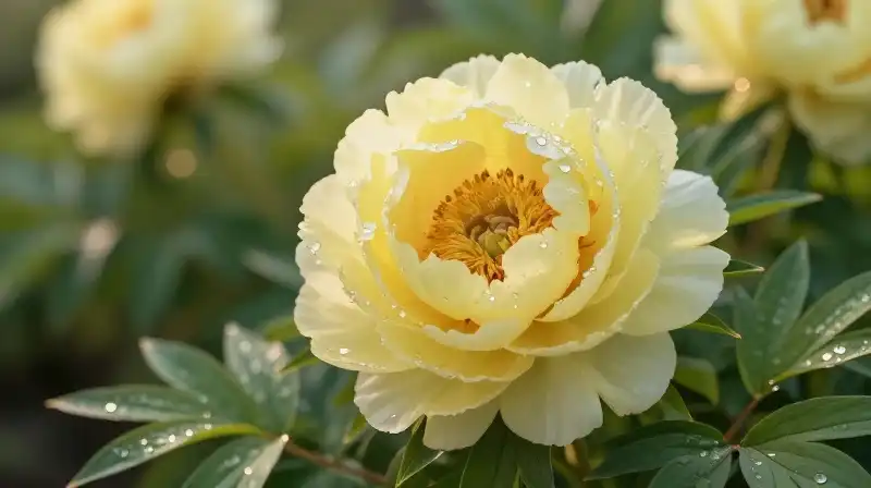 Lush yellow peony glows amidst dewy golden garden foliage