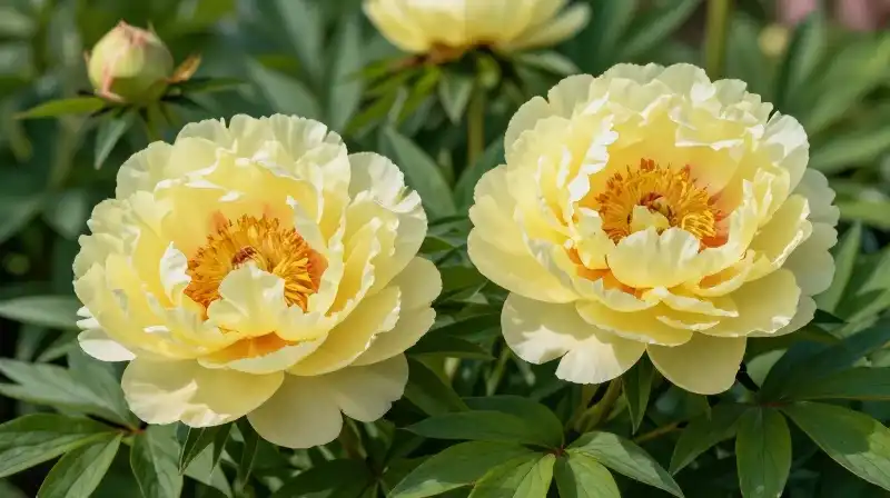 Detailed yellow peonies thrive in soft morning light