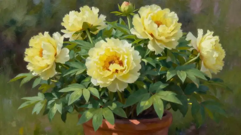 Radiant yellow peonies bloom in a rustic pot under dappled sunlight