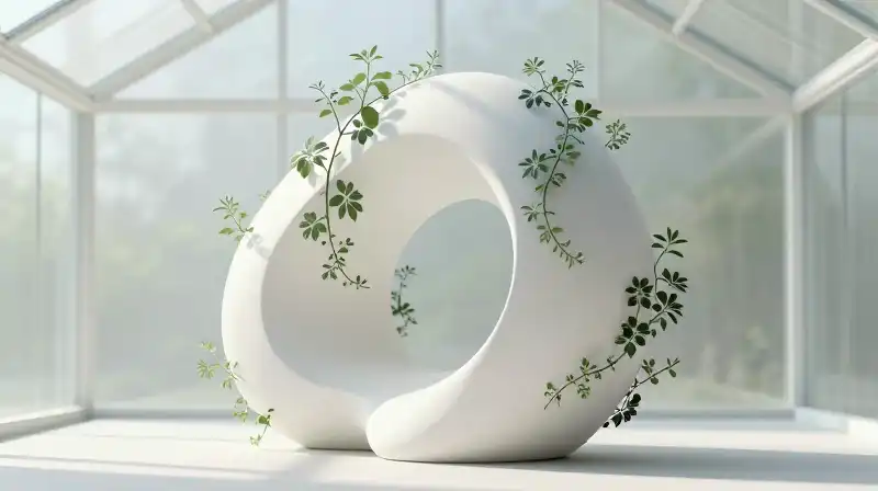 Vines wrap a minimalist sculpture inside a sunlit glass greenhouse