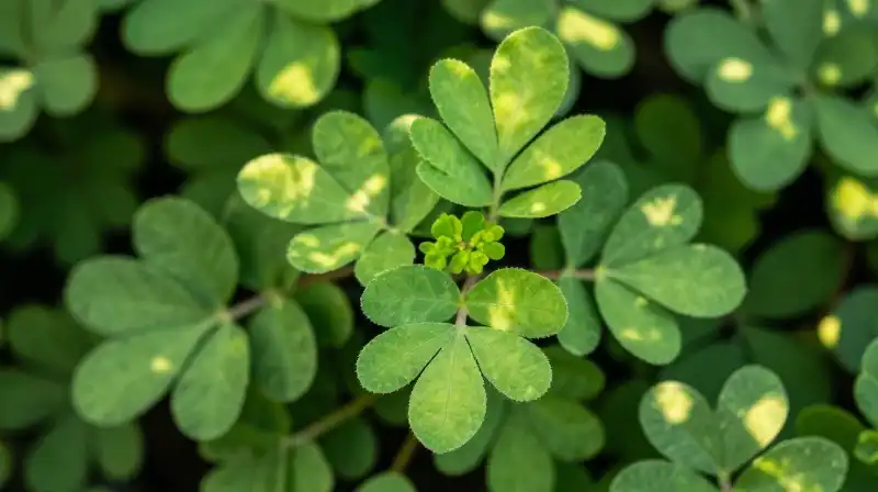 Macro view of vibrant green parvifolia leaves under dappled sunlight