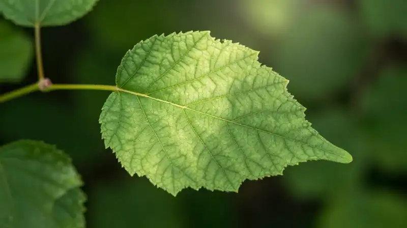 A tiny, detailed green leaf rests in a dappled forest