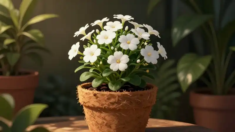 A white Penstemon bop in a coir pot sits in a lush, warm indoor setting