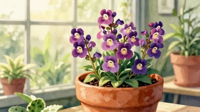 Vibrant flower in a terracotta pot, bathed in morning light