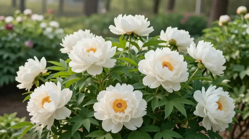 Lush garden peonies catch soft, bright morning sunlight in detail