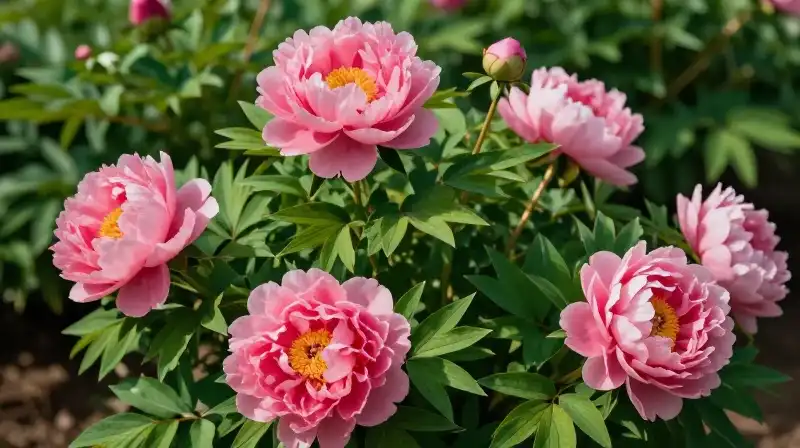 A vibrant pink peony bloom sits among lush green foliage
