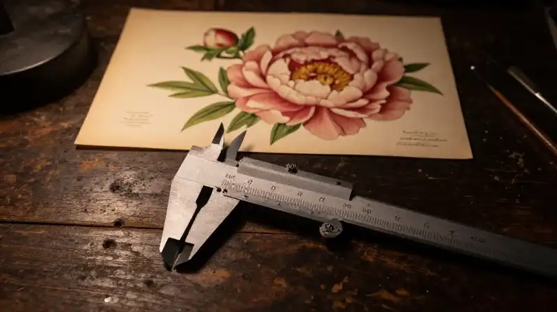 A luminous peony bloom is measured by calipers on dark wood