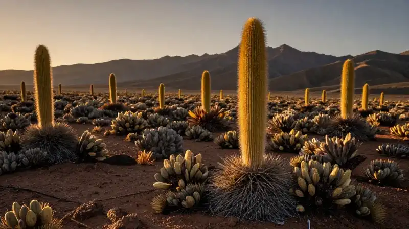 Golden sunlight bathes rugged high-altitude cacti and succulents