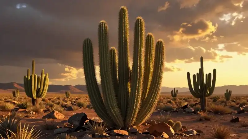A sharp, geometric cactus glows under dramatic golden desert light