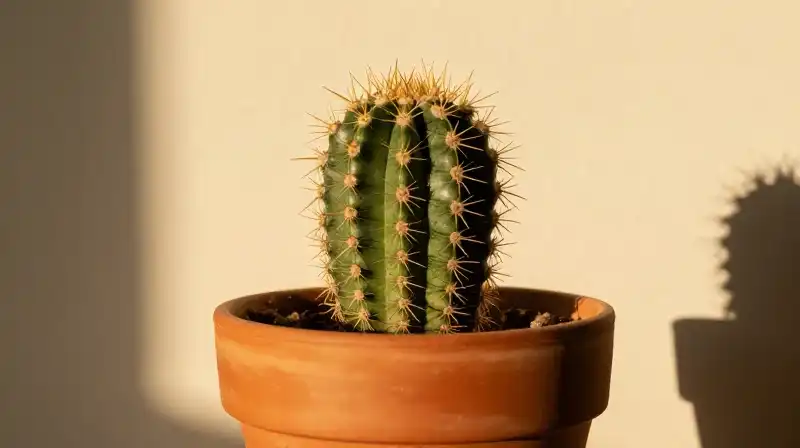 A detailed torch cactus glows in a terracotta pot under warm light