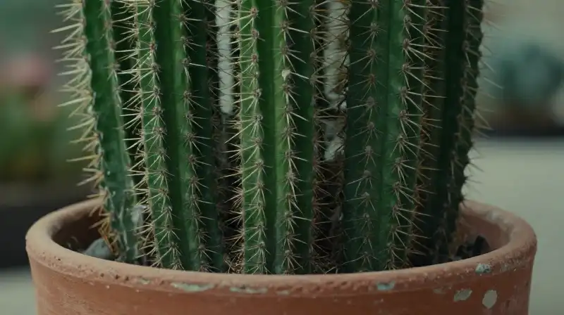 Vibrant green cactus in a weathered terracotta pot bathed in soft light