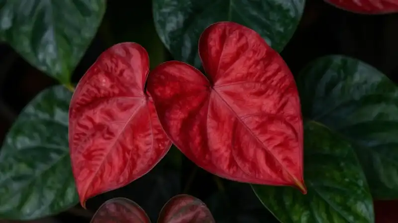 Vibrant red Philodendron leaves contrast sharply with deep emerald green foliage