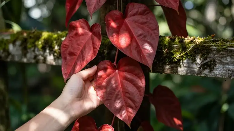Red Philodendron vine climbs mossy trellis in bright, dappled morning sunlight