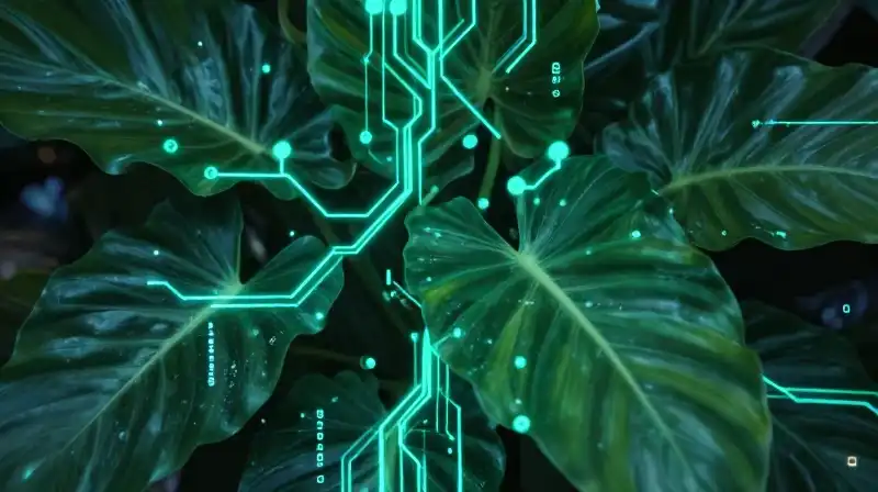 Lush leaves host glowing digital data and neon circuit lines