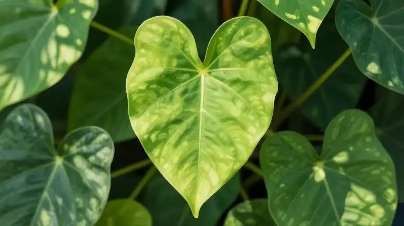 Vibrant heart-shaped leaves glow with whimsical dappled sunlight
