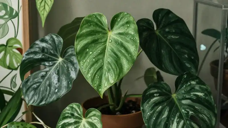 A lush green philodendron drips with water in a cozy terrarium