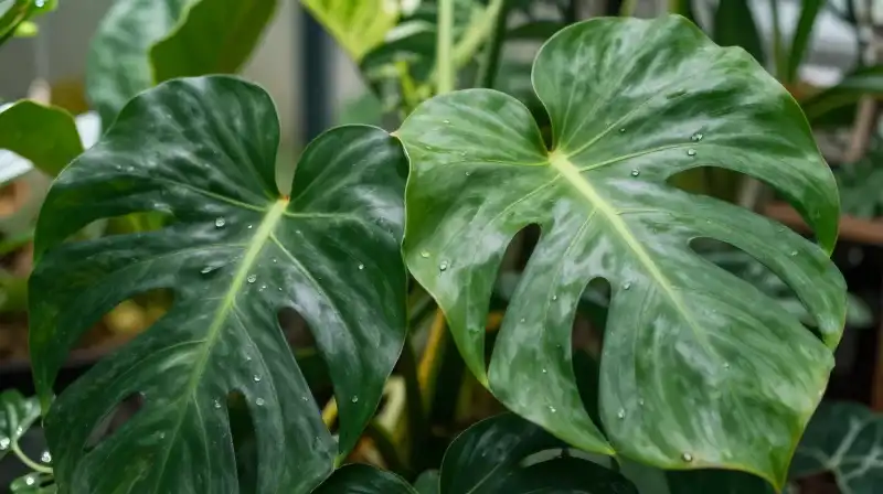 Lush, twisting green leaves thrive in a humid botanical chamber
