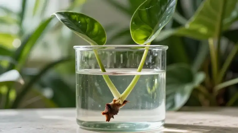 Lush Philodendron cuttings float in clear, sun-drenched glass
