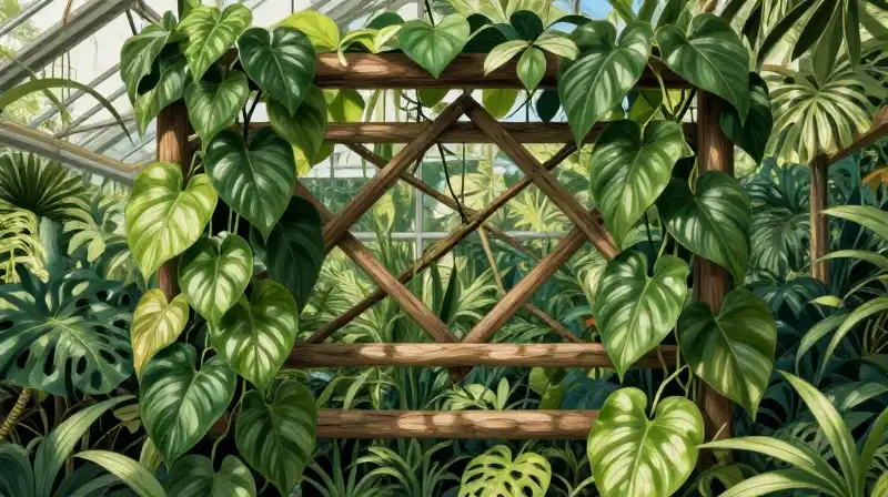 Lush philodendron vines drape over an intricate trellis in a greenhouse