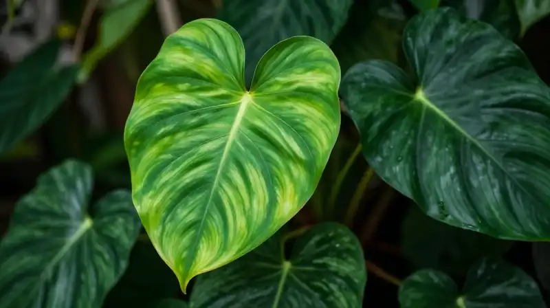 Vibrant philodendron leaf detailed in soft rainforest light