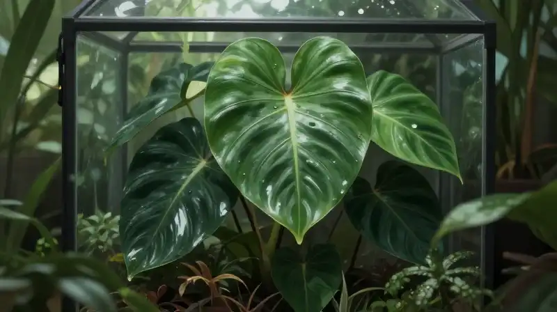 Lush heart-leaf plant displayed in soft, sunlit glass