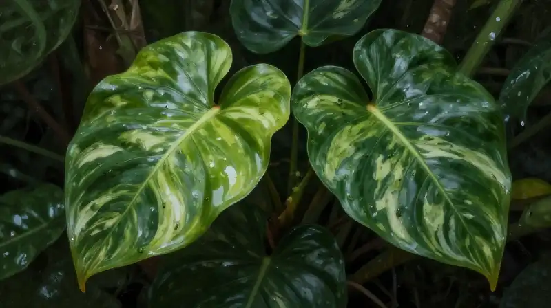 Dramatic close-up of lush, emerald Philodendron leaves covered in aphids