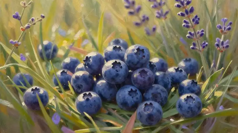 Ripe blueberries glow in a patch of purple lavender and golden sunlight