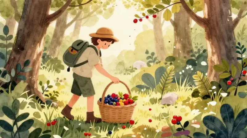 A hiker gathers ripe berries in a woven basket among dappled forest light