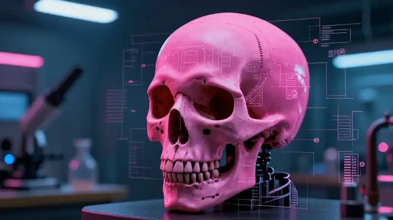 A strategist in a pink skullcap oversees a blueprint in a dramatic neon laboratory