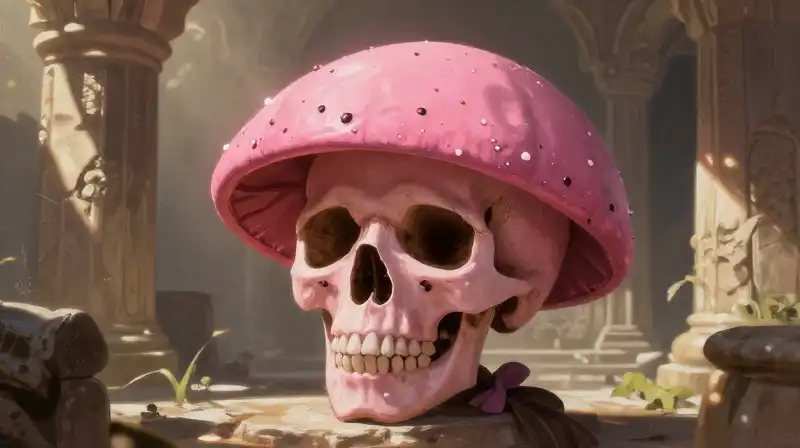 A pink-capped figure stands amidst ancient ruins under dappled sunlight
