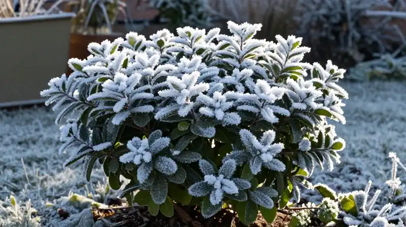 Frosted pittosporum dominates a bright, crisp winter morning garden