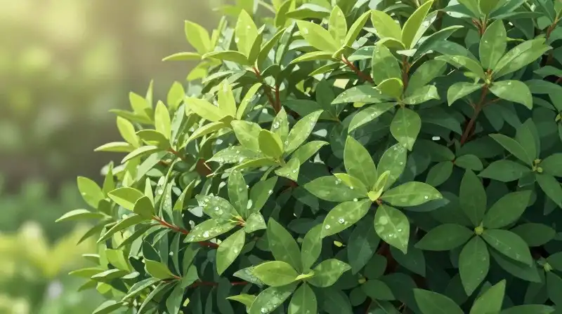 Sunlit pittosporum bush glistens with soft morning dew