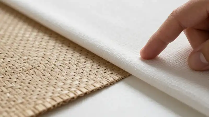 A hand gently touches highly textured woven composite material