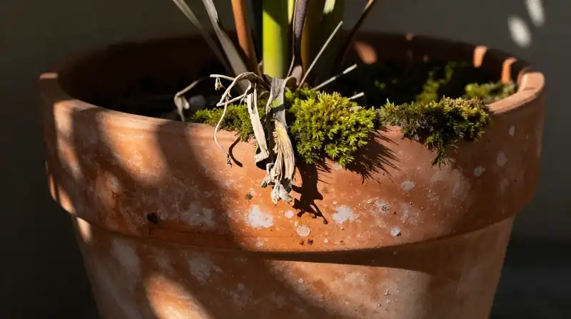 Sunlight warms a rusted terracotta pot with its withered, mossy plant