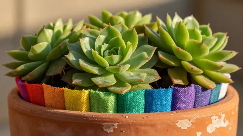 Vibrant fabric liner houses lush green succulent roots in a rustic terracotta pot bathed in golden hour light
