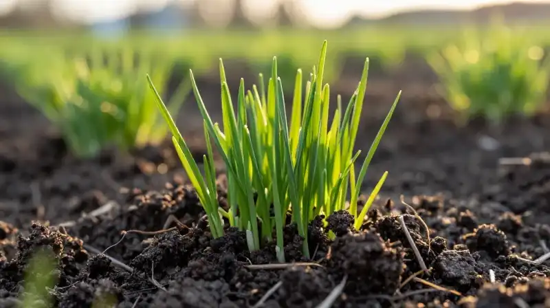 Tiny bright green grass sprouts emerging from dark, damp earth